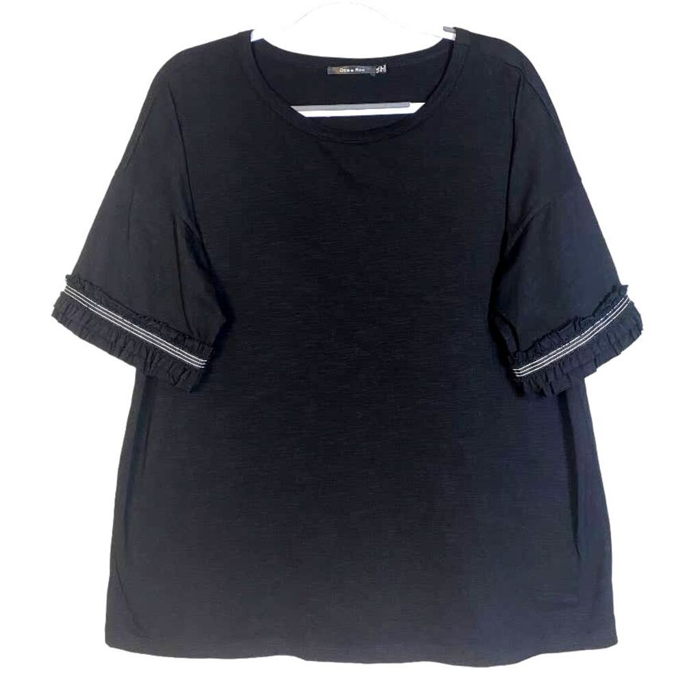 Doe & Rae Ruffle Trim Short Sleeve Black Top 1XL NWOT